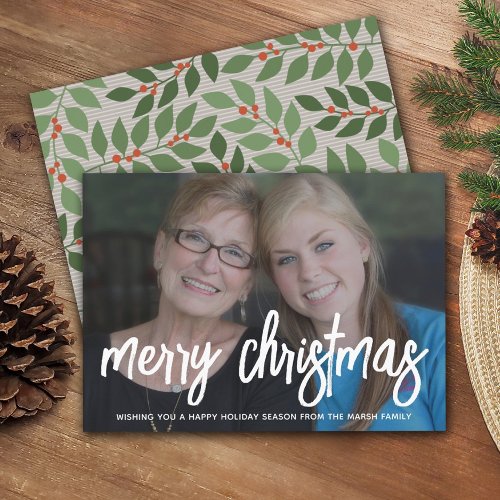 Photo with huge MERRY script white overlay _ taupe Holiday Card