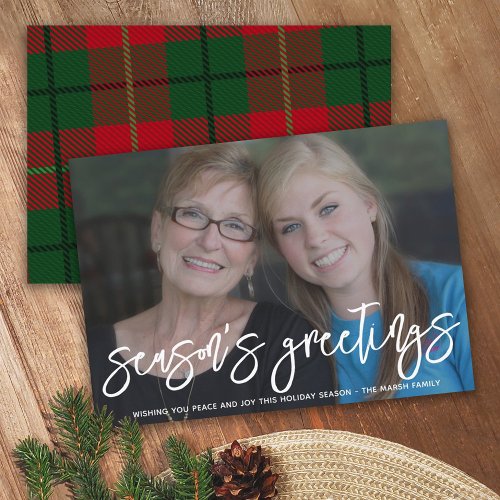 Photo with huge Seasons Greetings Red Green Plaid Holiday Card