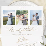 Photo, With Love and Gratitude Monogram Wedding Thank You Card<br><div class="desc">Thank your guests with this elegant three photo collage wedding monogrammed thank you card! Clean and simple white and gold design full of elegance and grace. Phrase "with Love and Gratitude" in modern hand written calligraphy in faux gold foil. Back with elegant hand drawn faux foil monogram with couples initials...</div>