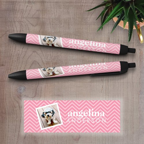 Photo with Modern Chevron Pattern and Custom Name Black Ink Pen