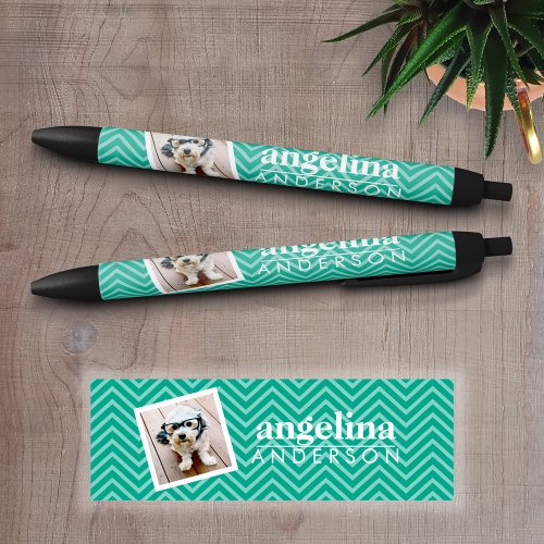 Photo with Modern Chevron Pattern and Custom Name Black Ink Pen