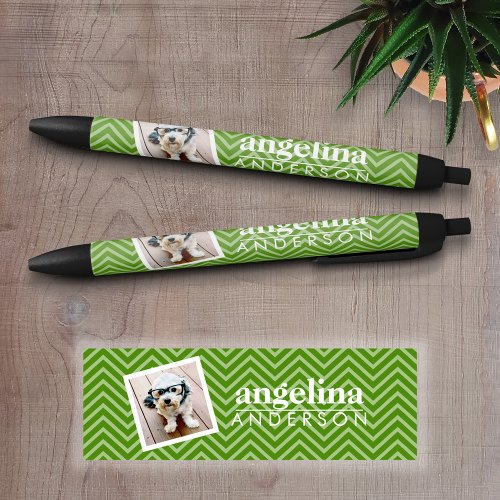 Photo with Modern Chevron Pattern and Custom Name Black Ink Pen