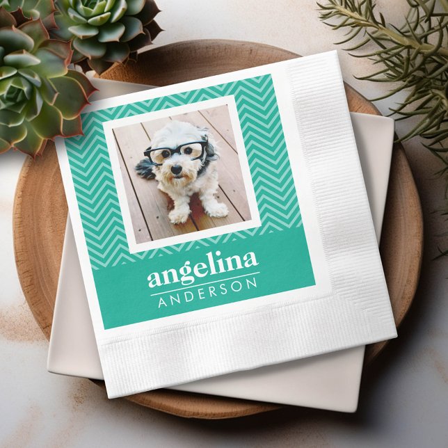 Photo with Modern Chevron Pattern and Custom Name Paper Napkins (Custom Napkin)