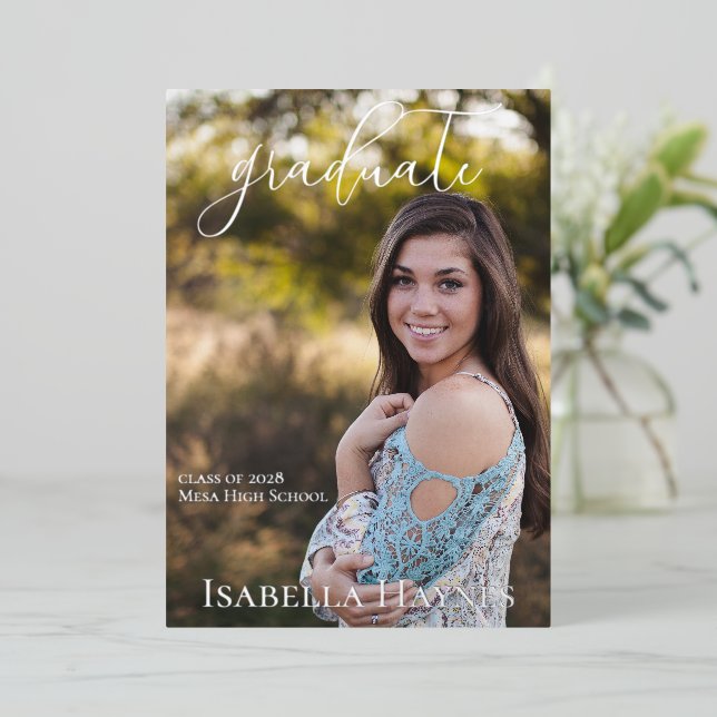 Photo with Modern Script Graduation Announcement (Standing Front)