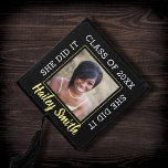 Photo with Name and Class Year Typography Graduation Cap Topper<br><div class="desc">This graduation cap topper design features your graduate's photo, a simple black background, modern typography, and calligraphy script. This topper has your graduate's name, class of (year), and the phrase "she did it". All of the these can be customized using the "personalize it" tool. These graduation cap toppers are a...</div>
