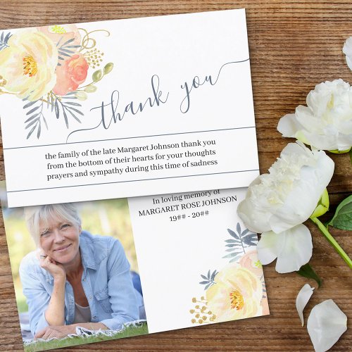 Photo with Peach Yellow Flowers and Script Funeral Thank You Card