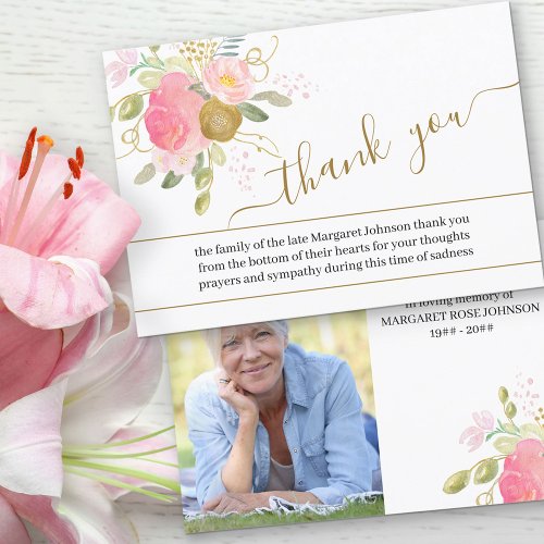 Photo with Pink Flowers and Gold Script Funeral Thank You Card