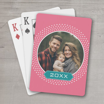 Photo With Pink Polka Dot Frame And Custom Year Playing Cards by JustChristmas at Zazzle