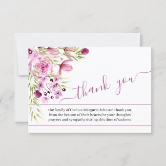 Photo with Pink Purple Flowers and Script Funeral Thank You Card | Zazzle