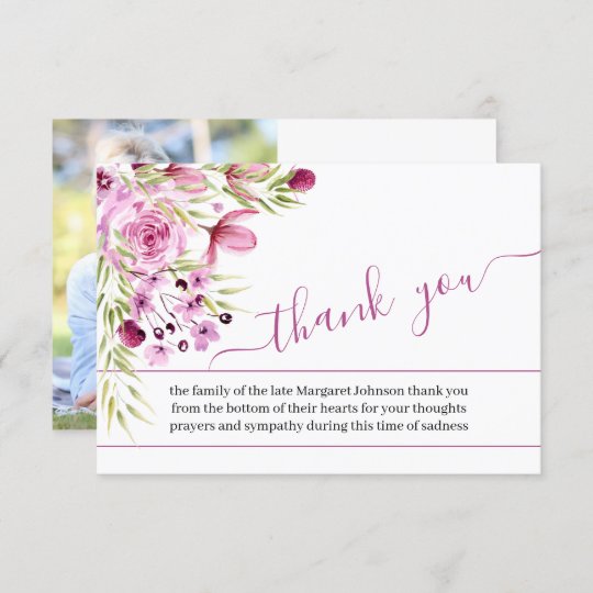 Photo with Pink Purple Flowers and Script Funeral Thank You Card ...