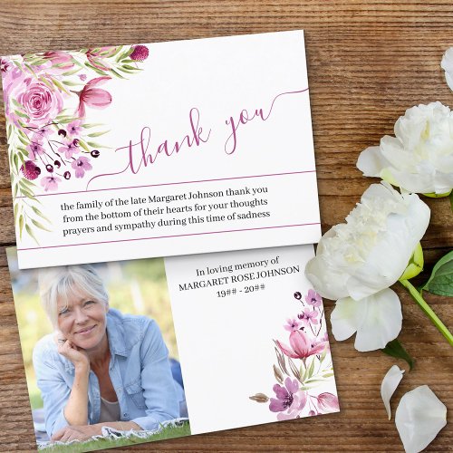 Photo with Pink Purple Flowers and Script Funeral Thank You Card