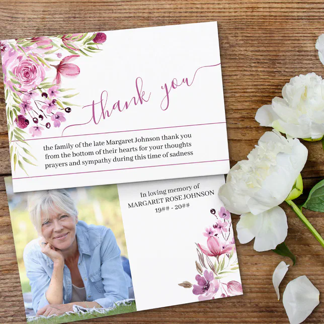 Photo with Pink Purple Flowers and Script Funeral Thank You Card | Zazzle