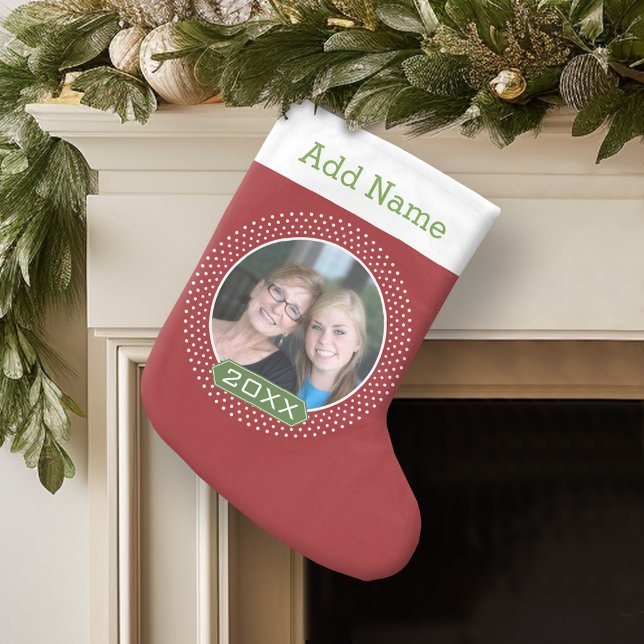Photo with Red Polka Dot Frame and Custom Year Small Christmas Stocking (Personalized Christmas Stocking)