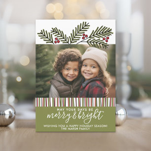 Photo with Retro Christmas Pine Branches Holiday Card