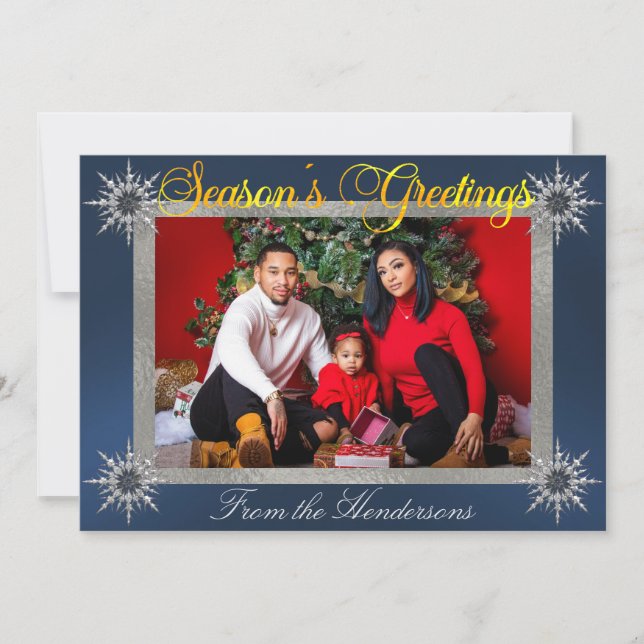 Photo with Silver Border & Snowflakes on Blue Holiday Card (Front)