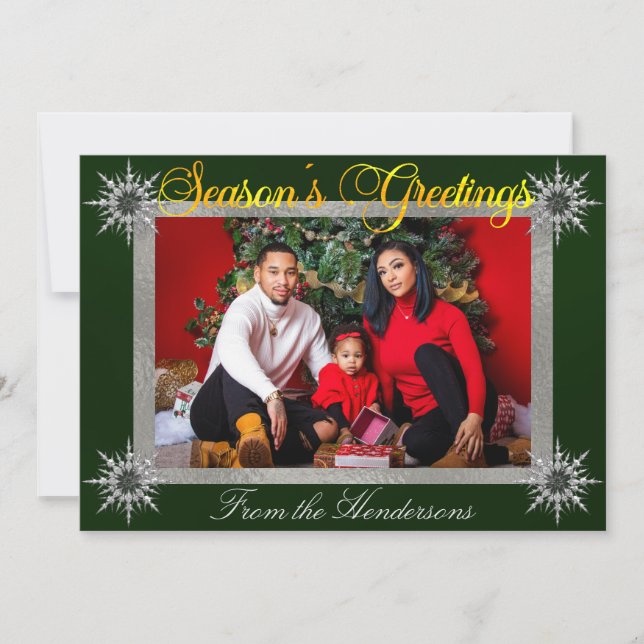 Photo with Silver Border & Snowflakes on Emerald Holiday Card (Front)