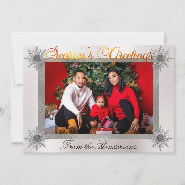 Photo with Silver Border & Snowflakes on Pearl Holiday Card (Front)
