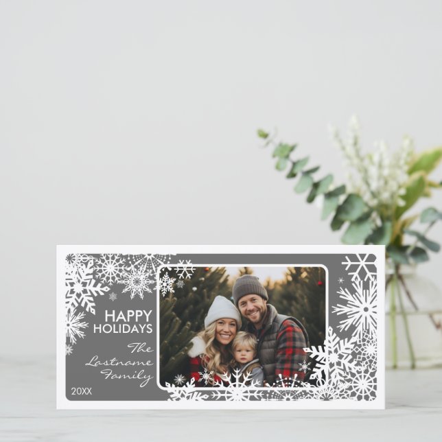 Photo with Snowflake Border - Gray White Holiday Card (Standing Front)