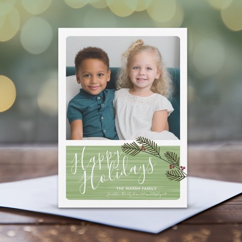 Photo with Whimsical Branches and Modern Script Holiday Card