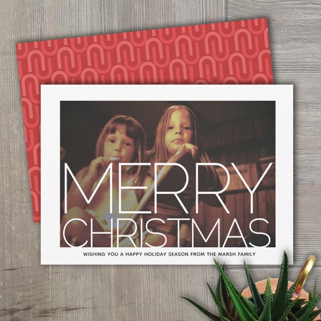 Photo with White Border - Retro Pattern Christmas Holiday Card (Retro Photo Card with large type overlay)