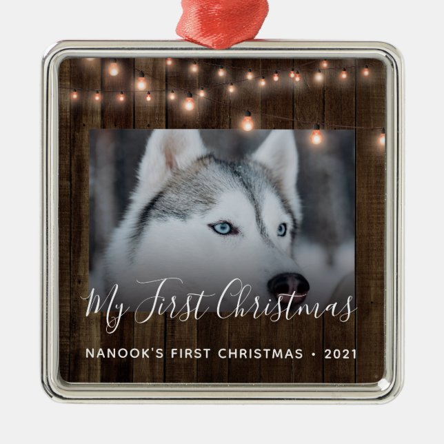 Photo Wood and Light Pet's First Christmas  Metal Ornament (Front)