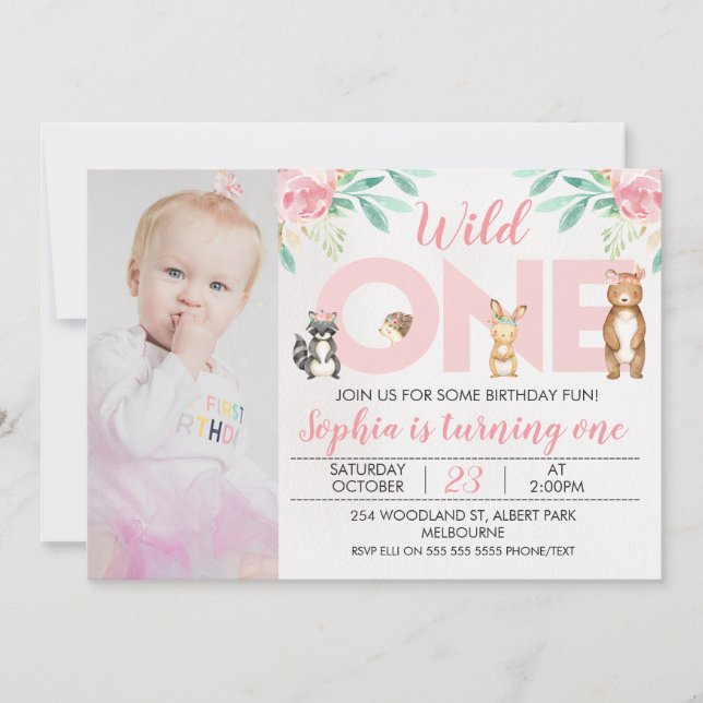 Photo Woodland Animals 1st Birthday Invitation (Front)