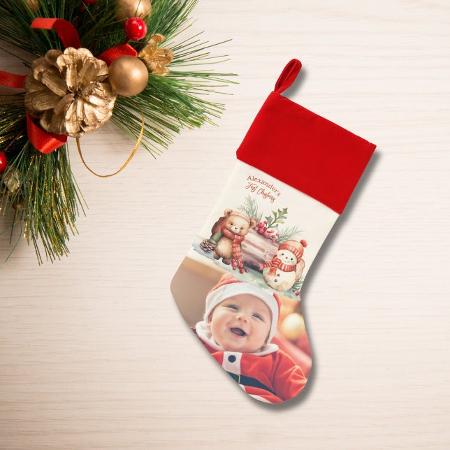 Photo Woodland Animals Baby First Christmas Christmas Stocking (Creator Uploaded)
