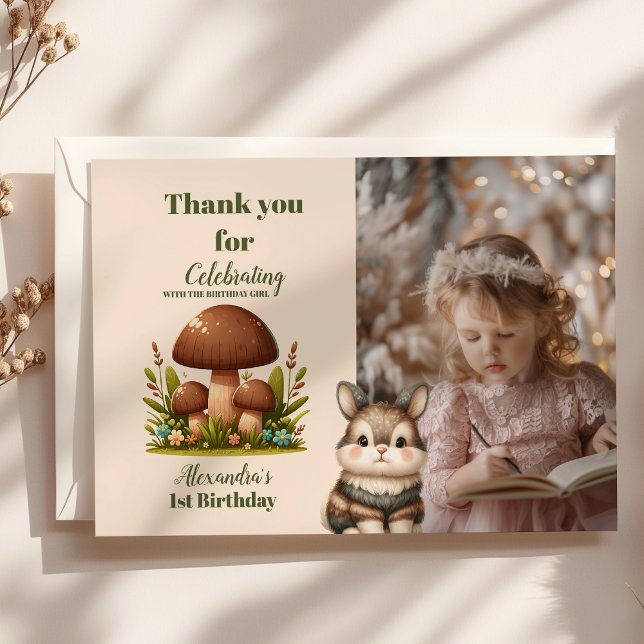 Photo Woodland Animals Greenery Wild One 1st  Thank You Card (Creator Uploaded)