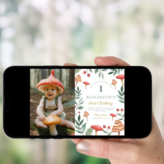 Photo Woodland forest mushroom First Birthday Invitation (Front Digital)