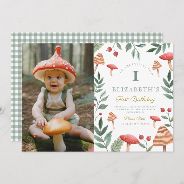 Photo Woodland forest mushroom First Birthday Invitation (Creator Uploaded)