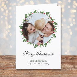 Photo Wreath around Christmas Holiday Card, black  Card