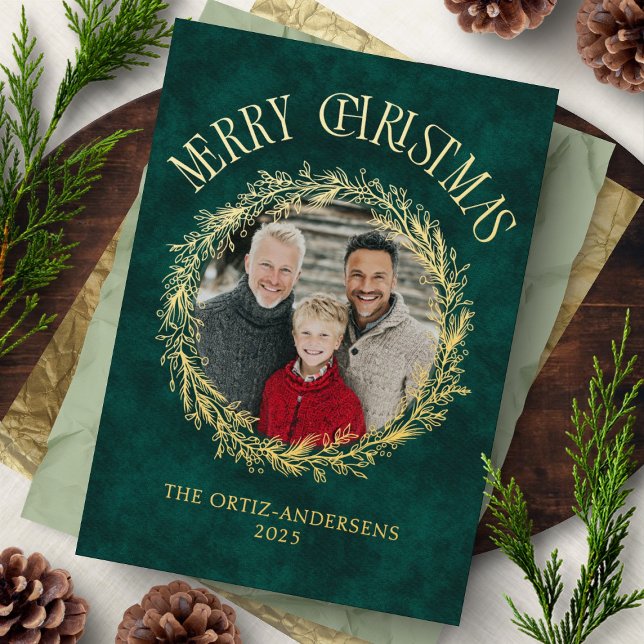 Photo Wreath Gold Foil Christmas Card (Creator Uploaded)