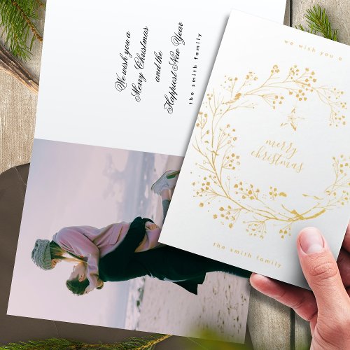 Photo Wreath Merry Christmas  New Year REAL Gold Foil Card