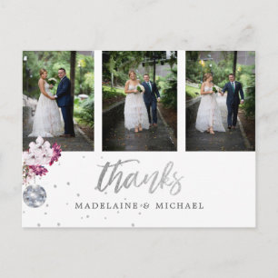 Photo x 3 Elegant Wedding Silver Disco Thank You Postcard