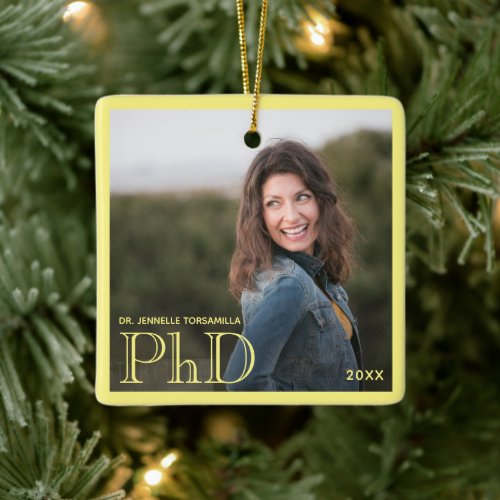 Photo Yellow Border PhD Name Year Graduation Ceramic Ornament