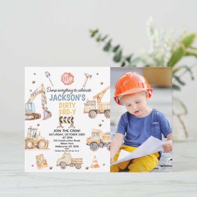 Photo Yellow Boys Construction Dirty 3rdy Birthday Invitation (Standing Front)