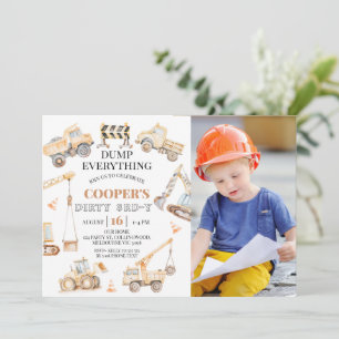 Photo Yellow Construction Dirty 3rd-y 3rd Birthday Invitation