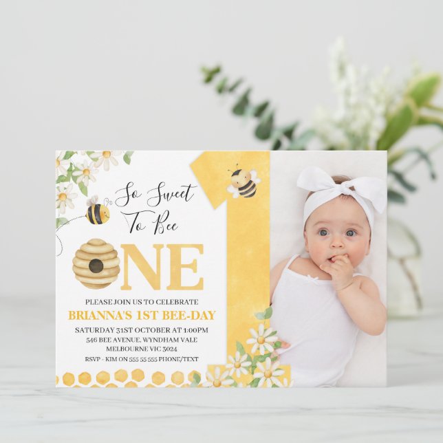 Photo Yellow Daisy Bee First Bee-day Birthday Invitation (Standing Front)