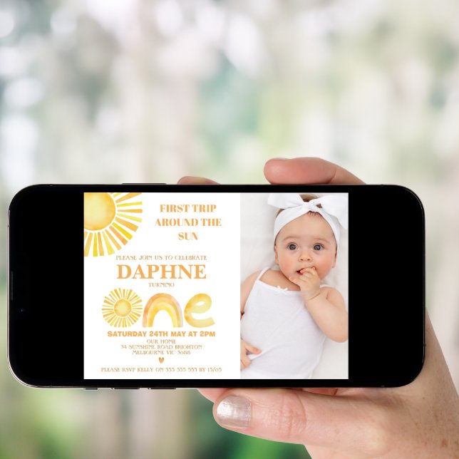 Photo Yellow First Trip Around Sun 1st Birthday Invitation (Front Digital)