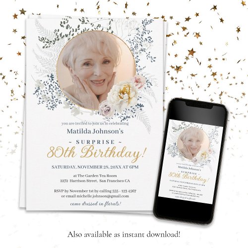 Photo Yellow Floral Surprise 80th Birthday Party Invitation