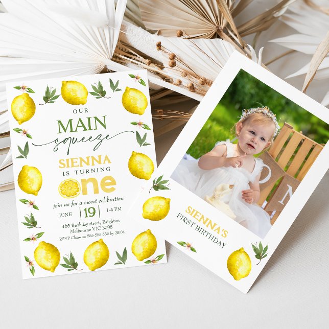 Photo Yellow Girls Our Main Squeeze 1st Birthday  Invitation (Main Squeeze 1st Birthday Invitation Template For Baby Girl, Lemon Themed 1st Birthday Party Invite)