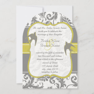 Photo Yellow & Gray Vintage Bird Damask Wedding Invitation