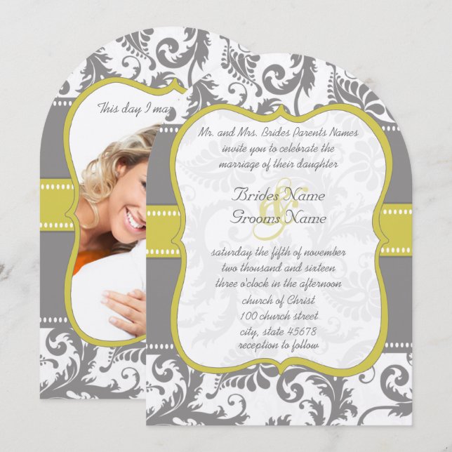 Photo Yellow & Gray Vintage Damask Wedding Invite (Front/Back)