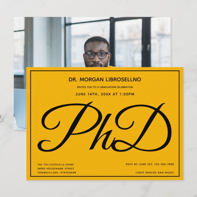 Photo Yellow PhD Graduation Party Invitation (Front/Back)