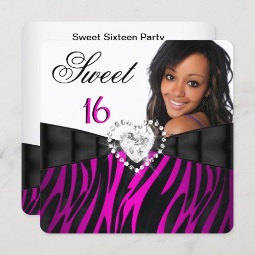 Photo Zebra Pink Silver Sweet 16 Sixteen Birthday Invitation