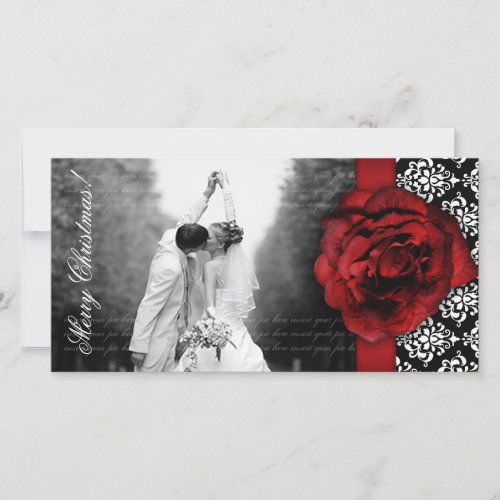 Photocard Red Rose Damask Black White Holiday Card