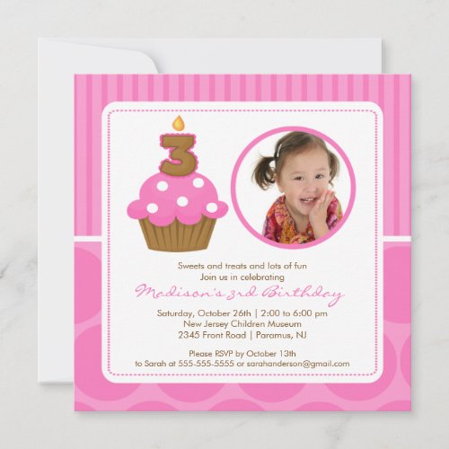 PhotoCupcake Birthday Invitation 3rd Birthday Pink