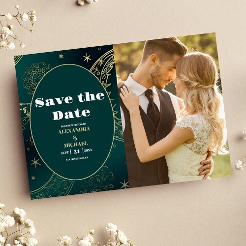 PhotoEmerald Green Gold Celestial  Wedding Save The Date