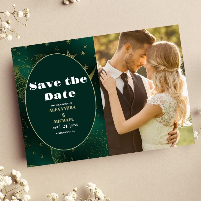 PhotoEmerald Green Gold Celestial  Wedding Save The Date (Creator Uploaded)