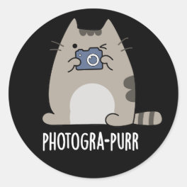 Photograh-purr Funny Cat Photographer Pun Dark BG Classic Round Sticker